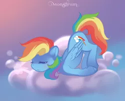 Size: 3000x2424 | Tagged: safe, artist:monstrum, derpibooru import, rainbow dash, pony, backwards cutie mark, cloud, cute, cutie mark, image, jpeg, sky, sleeping, sleepy, tired, wings