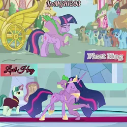 Size: 1920x1920 | Tagged: safe, derpibooru import, edit, edited screencap, editor:itsmgh1203, screencap, bon bon, doctor whooves, princess twilight 2.0, spike, sweetie drops, time turner, twilight sparkle, twilight sparkle (alicorn), alicorn, dragon, earth pony, pegasus, pony, unicorn, friendship is magic, season 1, season 9, the last problem, spoiler:s09, crown, eyes closed, female, hug, image, jewelry, jpeg, magic, male, mare, older, older spike, older twilight, open mouth, open smile, regalia, smiling, spread wings, stallion, telekinesis, text, unicorn twilight, winged spike, wings