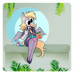 Size: 1500x1500 | Tagged: safe, artist:stevetwisp, derpibooru import, derpy hooves, anthro, chopsticks, clothes, cute, derpabetes, egg, flats, food, image, jpeg, lunch, noodles, office lady, pot noodle, shoes, sitting, socks, stockings, straw, strawberry milk, suit, thigh highs, tongue out, winged anthro, wings