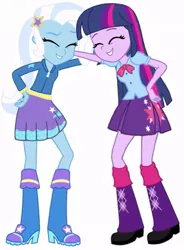 Size: 617x840 | Tagged: safe, artist:suzanflour508, derpibooru import, trixie, twilight sparkle, equestria girls, eyes closed, female, image, jpeg, lesbian, shipping, siblings, simple background, sisters, twixie, white background