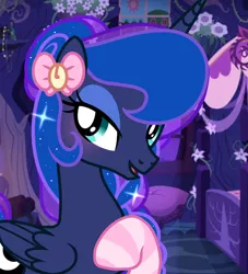 Size: 1080x1192 | Tagged: safe, artist:cstrawberrymilk, derpibooru import, princess luna, alicorn, pony, bed, clothes, cushion, female, flower, glitter, hair accessory, image, jpeg, lidded eyes, looking at you, selfie, show accurate, socks, solo, striped socks