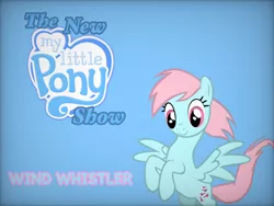 Size: 1024x768 | Tagged: safe, artist:tony hasbro, derpibooru import, wind whistler, pegasus, pony, series:the new my little pony show, blue background, blue text, crossover, cute, female, g1, g4, image, mare, open mouth, open smile, parody, png, simple background, smiling, solo, text, the new woody woodpecker show, voice, whistlerbetes, woody woodpecker (series)