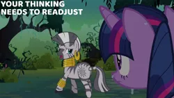 Size: 1280x720 | Tagged: safe, derpibooru import, edit, edited screencap, editor:quoterific, screencap, twilight sparkle, zecora, pony, unicorn, zebra, magic duel, season 3, duo, female, image, jpeg, mare, open mouth, text, unicorn twilight