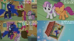Size: 1280x720 | Tagged: safe, derpibooru import, edit, edited screencap, editor:quoterific, screencap, apple bloom, princess luna, scootaloo, sweetie belle, alicorn, earth pony, pegasus, pony, unicorn, bloom and gloom, season 5, apple bloom's bow, balloon, bow, clubhouse, crown, crusaders clubhouse, cutie mark crusaders, eyes closed, female, filly, foal, hair bow, image, jewelry, jpeg, mare, open mouth, open smile, regalia, smiling, text