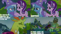 Size: 1280x720 | Tagged: safe, derpibooru import, edit, edited screencap, editor:quoterific, screencap, starlight glimmer, thorax, trixie, changedling, changeling, pony, unicorn, season 7, to change a changeling, cape, clothes, eyes closed, female, hat, image, jpeg, king thorax, male, mare, open mouth, open smile, smiling, text, trixie's cape, trixie's hat