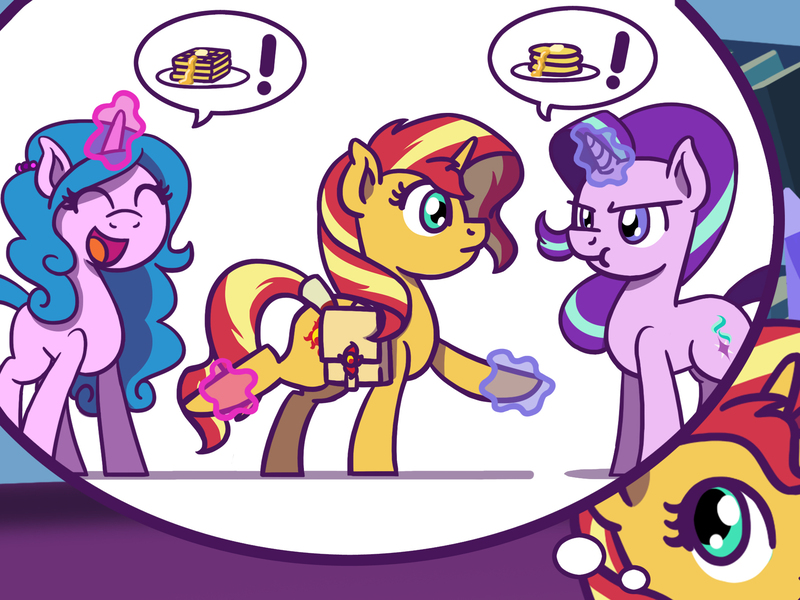 Size: 1800x1350 | Tagged: safe, artist:flutterluv, derpibooru import, part of a set, izzy moonbow, starlight glimmer, sunset shimmer, pony, unicorn, :t, atg 2022, bag, butter, exclamation point, eyes closed, female, food, g5, glow, glowing horn, horn, image, jpeg, magic, mare, newbie artist training grounds, open mouth, open smile, pancakes, part of a series, saddle bag, smiling, speech bubble, syrup, telekinesis, thought bubble, waffle