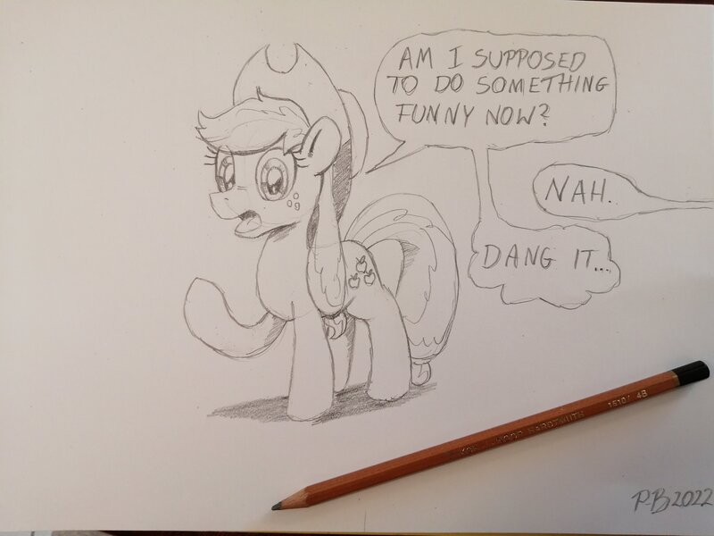 Size: 4096x3072 | Tagged: safe, artist:pony-berserker, derpibooru import, applejack, earth pony, pony, breaking the fourth wall, dialogue, image, jpeg, monochrome, pencil, raised hoof, solo, speech bubble, talking to viewer, traditional art