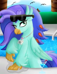 Size: 1280x1658 | Tagged: safe, artist:princessmoonsilver, derpibooru import, oc, oc:sea lilly, unofficial characters only, bird, classical hippogriff, hippogriff, camera, commission, drink, image, jewelry, jpeg, necklace, poolside, straw, sunglasses, swimming pool, ych result