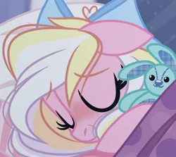 Size: 1885x1680 | Tagged: safe, artist:emberslament, derpibooru import, oc, oc:bay breeze, unofficial characters only, pegasus, rabbit, animal, bed, blushing, bow, cute, eyes closed, hair bow, image, jpeg, pegasus oc, plushie, sleeping, solo, wings