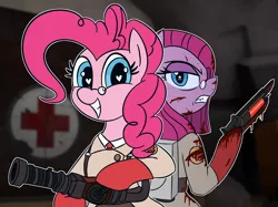 Size: 2292x1711 | Tagged: safe, artist:legendoflink, derpibooru import, pinkie pie, earth pony, pony, angry, blood, clothes, coat, cute, diapinkes, glasses, heart, heart eyes, image, looking at you, medic, medigun, outline, pinkamena diane pie, png, self paradox, self ponidox, smiling, smiling at you, team fortress 2, ubersaw, weapon, wingding eyes