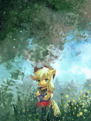 Size: 768x1024 | Tagged: safe, artist:left_pigeon, derpibooru import, applejack, earth pony, pony, semi-anthro, applejack's hat, bipedal, clothes, cowboy hat, eye clipping through hair, female, grass, hat, image, jpeg, looking at you, mare, outdoors, plant, solo, tree