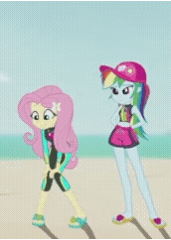 Size: 172x242 | Tagged: safe, derpibooru import, edit, edited screencap, screencap, fluttershy, rainbow dash, aww... baby turtles, equestria girls, equestria girls series, animated, beach, cap, clothes, cropped, duo focus, female, fluttershy's wetsuit, gif, hat, image, rainbow dash's beach shorts swimsuit, sandals, swimsuit