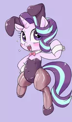 Size: 708x1200 | Tagged: suggestive, artist:k-nattoh, derpibooru import, starlight glimmer, semi-anthro, unicorn, bipedal, bowtie, bunny ears, bunny suit, clothes, heart, heart eyes, hoof on hip, horn, image, jpeg, open mouth, open smile, purple background, simple background, smiling, sweat, wingding eyes