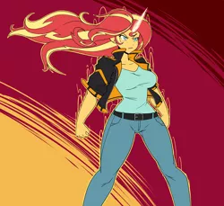 Size: 1970x1808 | Tagged: safe, artist:reiduran, derpibooru import, sunset shimmer, equestria girls, belt, big breasts, breasts, busty sunset shimmer, clothes, denim, female, glow, glowing horn, horn, image, jacket, jeans, magic, pants, png, shirt, solo