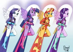 Size: 2724x1960 | Tagged: safe, artist:bageloftime, derpibooru import, rarity, starlight glimmer, sunset shimmer, twilight sparkle, twilight sparkle (alicorn), alicorn, anthro, alicornified, clothes, fast, flying, grin, happy, image, jetpack, jpeg, leotard, looking at you, one eye closed, race swap, raricorn, shimmercorn, smiling, sonic boom, sound barrier, starlicorn, wink, winking at you, xk-class end-of-the-world scenario