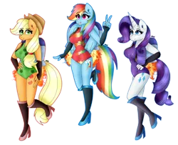 Size: 1280x1039 | Tagged: safe, artist:eeveeglaceon, derpibooru import, applejack, rainbow dash, rarity, anthro, earth pony, pegasus, unicorn, breasts, busty applejack, busty rainbow dash, busty rarity, clothes, flying, grin, image, jetpack, leotard, peace sign, png, simple background, smiling, transparent background