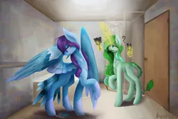 Size: 2700x1800 | Tagged: safe, artist:anastas, derpibooru import, oc, hybrid, original species, pegasus, pony, unicorn, bathroom, bird tail, blue fur, comb, commission, detailed background, duo, duo female, feather, feathered wings, female, green eyes, green fur, green hair, green mane, help, helping, image, markings, png, purple eyes, purple hair, purple mane, question mark, shower, spread wings, tail, wings