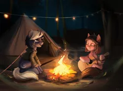 Size: 2048x1527 | Tagged: safe, artist:annna markarova, derpibooru import, oc, unofficial characters only, pony, unicorn, campfire, camping, commission, complex background, cute, female, fire, guitar, image, jpeg, musical instrument, night, ukulele