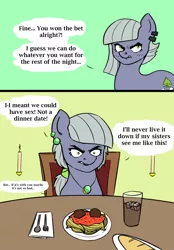 Size: 2250x3227 | Tagged: suggestive, artist:pencilfriend, derpibooru import, limestone pie, earth pony, pony, angry, colored, comic, cutie mark, date, dialogue, dinner, ear piercing, earring, flat colors, food, image, jewelry, limetsun pie, lipstick, looking at you, necklace, pasta, piercing, png, solo, spaghetti, tsundere