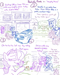 Size: 4779x6013 | Tagged: safe, artist:adorkabletwilightandfriends, derpibooru import, rarity, sweetie belle, oc, oc:officer connor, comic:adorkable twilight and friends, adorkable, adorkable friends, automobile, car, comic, cute, dodge charger, dork, home, house, image, neighborhood, nervous, oblivious, officer, png, police, police car, ponyville police, saucy, seduction, seductive, seductive look, slice of life, temptation, temptress, tree