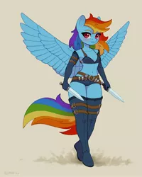 Size: 1600x2000 | Tagged: suggestive, artist:asimos, derpibooru import, rainbow dash, anthro, boots, clothes, dagger, fantasy class, gloves, image, jpeg, midriff, rogue, shoes, weapon