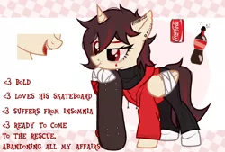 Size: 2548x1718 | Tagged: safe, artist:idkhesoff, derpibooru import, oc, oc:cola popper, alicorn, pony, alicorn oc, bandage, clothes, coca-cola, denim, drink, ear piercing, earring, femboy, gold tooth, hoodie, horn, image, jeans, jewelry, lip piercing, male, nose piercing, nose ring, open mouth, pants, piercing, png, raised hoof, reference sheet, skateboard, socks, soda, solo, sweater, tattoo, tongue piercing, wings
