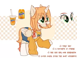 Size: 3473x2612 | Tagged: safe, artist:idkhesoff, derpibooru import, oc, oc:fruity fizz (fanta), alicorn, pony, alicorn oc, bandaid, bandaid on nose, clothes, coca-cola, denim, denim shorts, drink, ear piercing, earring, fangs, fanta, female, flower, flower in hair, headphones, horn, image, jewelry, lip piercing, mare, markings, open mouth, piercing, png, raised hoof, reference sheet, shorts, socks, soda, solo, sweater, tattoo, wing piercing, wings