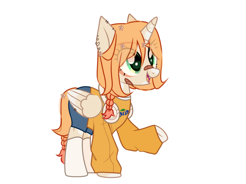 Size: 3473x2612 | Tagged: safe, alternate version, artist:idkhesoff, derpibooru import, oc, oc:fruity fizz (fanta), alicorn, pony, alicorn oc, bandaid, bandaid on nose, clothes, coca-cola, denim, denim shorts, derpibooru exclusive, drink, ear piercing, earring, fangs, fanta, female, flower, flower in hair, headphones, horn, image, jewelry, lip piercing, mare, markings, open mouth, piercing, png, raised hoof, shorts, simple background, socks, soda, solo, sweater, tattoo, transparent background, wing piercing, wings