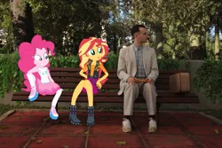 Size: 1199x800 | Tagged: safe, derpibooru import, edit, pinkie pie, sunset shimmer, equestria girls, equestria girls in real life, forrest gump, image, irl, looking, photo, png