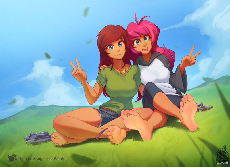 Size: 1500x1090 | Tagged: safe, artist:sugarlesspaints, derpibooru import, oc, oc:kara, oc:shampoo, unofficial characters only, human, :p, anklet, barefoot, belt, breasts, clothes, commission, cute, duo, duo female, feet, female, fetish, foot fetish, foot focus, grass, hoodie, humanized, humanized oc, image, jewelry, necklace, peace sign, png, sandals, shirt, shorts, t-shirt, toe ring, tongue out