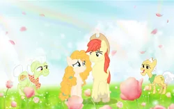 Size: 1360x854 | Tagged: safe, artist:swiftgaiathebrony, derpibooru import, bright mac, grand pear, granny smith, pear butter, afterlife, brightbutter, female, flower, food, image, male, meadow, pear, png, rainbow, shipping, straight, sun