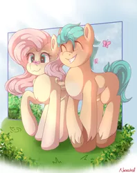 Size: 1570x1982 | Tagged: safe, artist:nanazdina, derpibooru import, fluttershy, hitch trailblazer, butterfly, insect, pegasus, pony, doodle, duo, duo male and female, female, g5, ibispaint x, image, male, mare, png, stallion, unshorn fetlocks