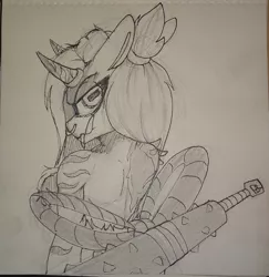 Size: 1693x1744 | Tagged: safe, artist:lockheart, derpibooru import, oc, unofficial characters only, monster pony, oni, pony, club, female, image, jpeg, looking at you, looking back, looking back at you, mare, open mouth, pencil drawing, rectangular pupil, solo, traditional art, weapon