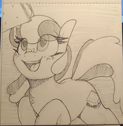 Size: 1796x1836 | Tagged: safe, artist:lockheart, derpibooru import, oc, oc:s'mare, unofficial characters only, earth pony, pony, food, freckles, heart, heart eyes, image, jpeg, looking up, monochrome, open mouth, open smile, pencil drawing, s'mores, smiling, solo, traditional art, wingding eyes