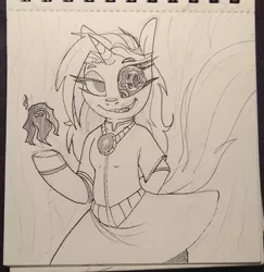 Size: 1733x1782 | Tagged: safe, artist:lockheart, derpibooru import, oc, unofficial characters only, pony, semi-anthro, unicorn, clothes, dress, female, grin, image, jewelry, jpeg, looking at you, mare, monochrome, necklace, pencil drawing, smiling, solo, traditional art, trypophobia, unusual pupils