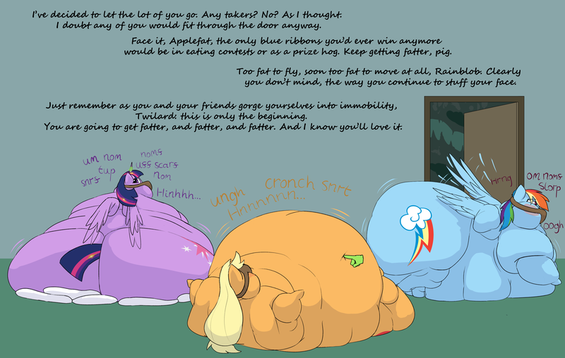 Size: 3500x2221 | Tagged: questionable, semi-grimdark, artist:lupin quill, derpibooru import, applejack, pinkie pie, rainbow dash, rarity, twilight sparkle, alicorn, pegasus, pony, fanfic:feedbag, series:the feedbag six (weight gain), applefat, bad end, bag, belly, belly bed, belly button, belly on floor, big belly, bingo wings, blob, blushing, bondage, butt, chubby cheeks, dialogue, door, double chin, eating, fanfic art, fat, fat fetish, fat wings, feed bag, feeding, fetish, force feeding, hand, huge belly, humiliation, image, immobile, implied queen chrysalis, impossibly large belly, imprisoned, jiggle, large butt, lying down, magic, magic hands, magic suppression, morbidly obese, multichin, near immobile, obese, offscreen character, on back, plot, png, poking, pudgy pie, rainblob dash, raritubby, rolls of fat, simple background, slap, spanking, spoilers for another series, stretched cutie mark, teasing, the ass was fat, twibutt, twilard sparkle, underhoof, weight gain, weight gain sequence, wings