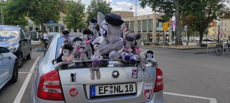 Size: 4640x2088 | Tagged: safe, derpibooru import, octavia melody, earth pony, human, pony, car, galacon 2022, image, irl, irl human, jpeg, license plate, multeity, namesake, octaviocalypse, photo, plushie, pun, skoda, skoda octavia, sticker, tree, visual pun