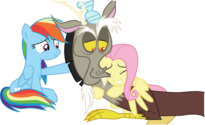 Size: 2383x1451 | Tagged: safe, artist:littlecl0ud, derpibooru import, discord, fluttershy, rainbow dash, draconequus, pegasus, pony, season 9, the beginning of the end, spoiler:s09, cute, dashabetes, discute, duo, duo female, female, happy, hug, image, male, mare, png, shyabetes, simple background, smiling, transparent background, trio, vector