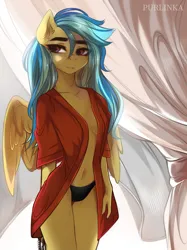 Size: 2545x3409 | Tagged: suggestive, alternate version, artist:purlin-ka, derpibooru import, oc, oc:jeppesen, unofficial characters only, anthro, pegasus, pony, alternate hairstyle, anthro oc, areola, beautiful, beautisexy, belly, belly button, breasts, busty oc, butt touch, cleavage, clothes, collarbone, commission, curtains, cute, eyebrows, female, garters, hand on butt, hands on thighs, high res, image, jpeg, looking at you, mare, messy mane, morning, morning ponies, ocbetes, panties, pegasus oc, reasonably sized breasts, robe, sexy, solo, solo female, thigh gap, thighs, underwear, wings, ych result