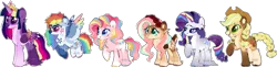 Size: 1995x490 | Tagged: safe, artist:foxklt, applejack, fluttershy, pinkie pie, rainbow dash, rarity, twilight sparkle, alicorn, earth pony, pegasus, pony, unicorn, alternate design, applejack's hat, bandage, braid, braided pigtails, braided tail, coat markings, colored hooves, colored wings, cowboy hat, crown, deer tail, ear piercing, facial markings, feathered fetlocks, female, flower, flutterdeer, flying, folded wings, gradient wings, group, hat, image, jewelry, line-up, mane six, mare, missing cutie mark, multicolored hair, multicolored hooves, multicolored wings, obtrusive watermark, pale belly, piercing, png, raised hoof, redesign, regalia, scar, simple background, smiling, sparkly eyes, spread wings, standing, tail feathers, transparent background, twitterina design, unshorn fetlocks, watermark, white outline, wings