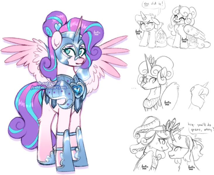 Size: 996x817 | Tagged: safe, artist:foxklt, princess flurry heart, oc, oc:starberry sunrise, alicorn, pony, unicorn, armor, colored wings, crown, female, filly, gradient wings, image, jewelry, magical lesbian spawn, mare, next generation, offspring, older, older flurry heart, parent:tempest shadow, parent:twilight sparkle, parents:tempestlight, png, regalia, simple background, sketch, spread wings, standing, talking, white background, wings
