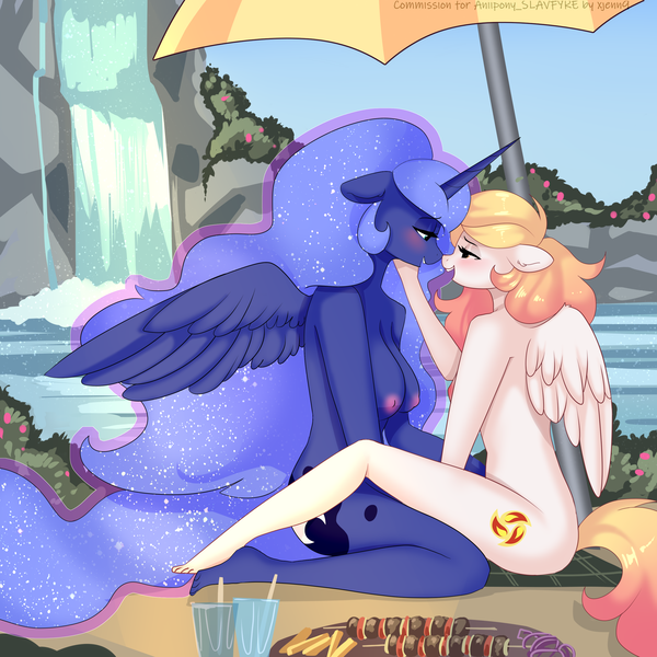 Size: 3000x3000 | Tagged: questionable, artist:xjenn9, derpibooru import, princess luna, oc, alicorn, anthro, pegasus, plantigrade anthro, breasts, busty princess luna, canon x oc, image, nipples, nudity, png