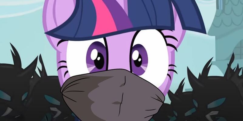 Size: 817x410 | Tagged: safe, artist:pondriar, derpibooru import, twilight sparkle, changeling, pony, unicorn, cloth gag, gag, image, jpeg, kidnapped, shocked, shocked expression