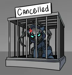 Size: 1964x2048 | Tagged: safe, artist:opalacorn, derpibooru import, oc, oc:gear works, unofficial characters only, cyborg, cyborg pony, pony, angry, augmentation, augmented, cage, canceled, chaos, cross-popping veins, crossover, dark mechanicus, image, jail, jpeg, robotic arm, servo arm, techpriest, warhammer (game), warhammer 40k