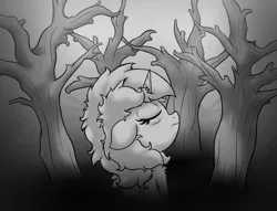 Size: 2701x2064 | Tagged: safe, artist:background basset, derpibooru import, lyra heartstrings, pony, unicorn, bust, depressing, depression, eyes closed, gray background, grayscale, image, monochrome, png, simple background, solo, tree