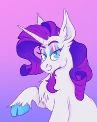 Size: 950x1188 | Tagged: safe, artist:motionwaltz, rarity, pony, unicorn, chest fluff, cloven hooves, colored hooves, eyeshadow, facial hair, female, gender headcanon, goatee, gradient background, image, looking at you, makeup, mare, png, pride, pride flag, smiling, solo, trans female, transgender pride flag, unshorn fetlocks