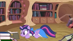 Size: 2073x1163 | Tagged: safe, artist:blanishna, artist:sirius-writer, derpibooru import, twilight sparkle, twilight sparkle (alicorn), alicorn, pony, beauty and the beast, belle, book, disney, female, golden oaks library, image, library, mare, png