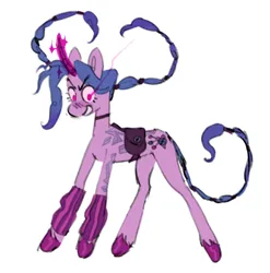 Size: 1280x1295 | Tagged: safe, artist:arrgh-whatever, izzy moonbow, pony, unicorn, arcane, bag, clothes, colored hooves, crazy eyes, crossover, female, g5, image, league of legends, leg warmers, magic, magic aura, mare, pigtails, png, saddle bag, simple background, smiling, smirk, solo, twintails, unshorn fetlocks, white background