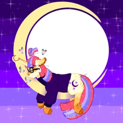 Size: 500x500 | Tagged: safe, artist:punkpride, moondancer, pony, unicorn, alternate design, clothes, coat markings, colored hooves, eyes closed, female, floating heart, glasses, heart, image, lying down, mare, moon, mouthpiece, night, night sky, on the moon, png, pride flag, sky, smiling, solo, sweater, twitterina design