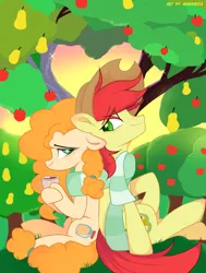 Size: 3100x4096 | Tagged: safe, artist:memengla, derpibooru import, bright mac, pear butter, earth pony, pony, apple, apple tree, clothes, food, hat, image, intertwined trees, looking at each other, looking at someone, pear tree, png, scarf, sitting, tree